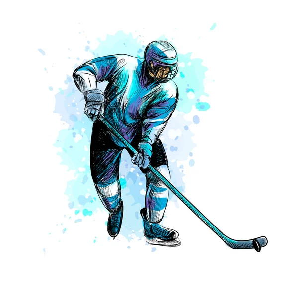 Abstracte hockeyspeler uit splash van aquarellen. Hand getrokken schets. Wintersport — Stockvector