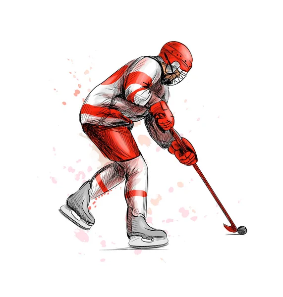 Joueur de hockey abstrait de éclaboussures d'aquarelles. Croquis dessiné à la main. Sport d'hiver — Image vectorielle