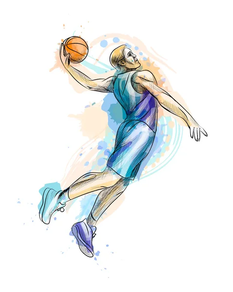 Абстрактный баскетболист с мячом от всплеска акварели — стоковый вектор