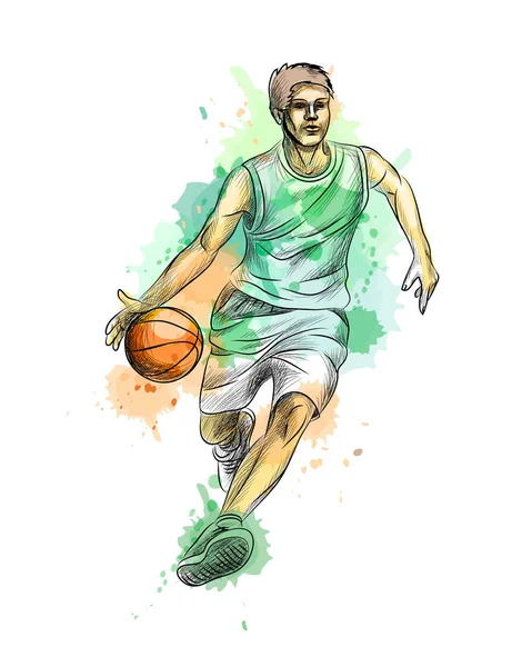 Jogador de basquete abstrato com bola de um respingo de aquarela —  Vetores de Stock