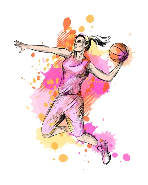 Jugador de baloncesto abstracto con pelota de un chorro de acuarela — Vector de stock