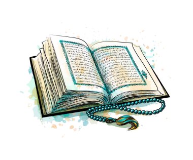 Kur'an Kutsal kitap tespih üzerinden sıçrama suluboya ile. Müslüman tatil, Eid Mubarak, Eid al-Bayramı, ramazan Kareem. Elle çizilmiş kroki