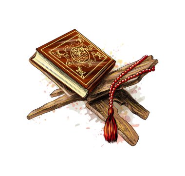 Kur'an Kutsal kitap tespih üzerinden sıçrama suluboya ile. Müslüman tatil, Eid Mubarak, Eid al-Bayramı, ramazan Kareem. Elle çizilmiş kroki