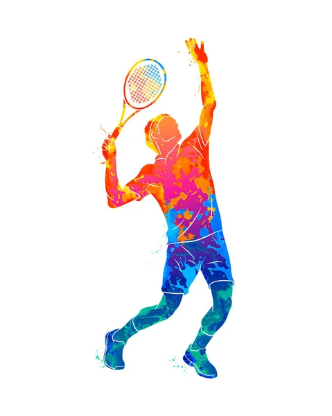 Abstracte tennisspeler met een racket van splash van aquarellen — Stockvector