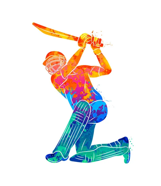 Batsman abstrait jouant au cricket à partir de éclaboussures d'aquarelles — Image vectorielle