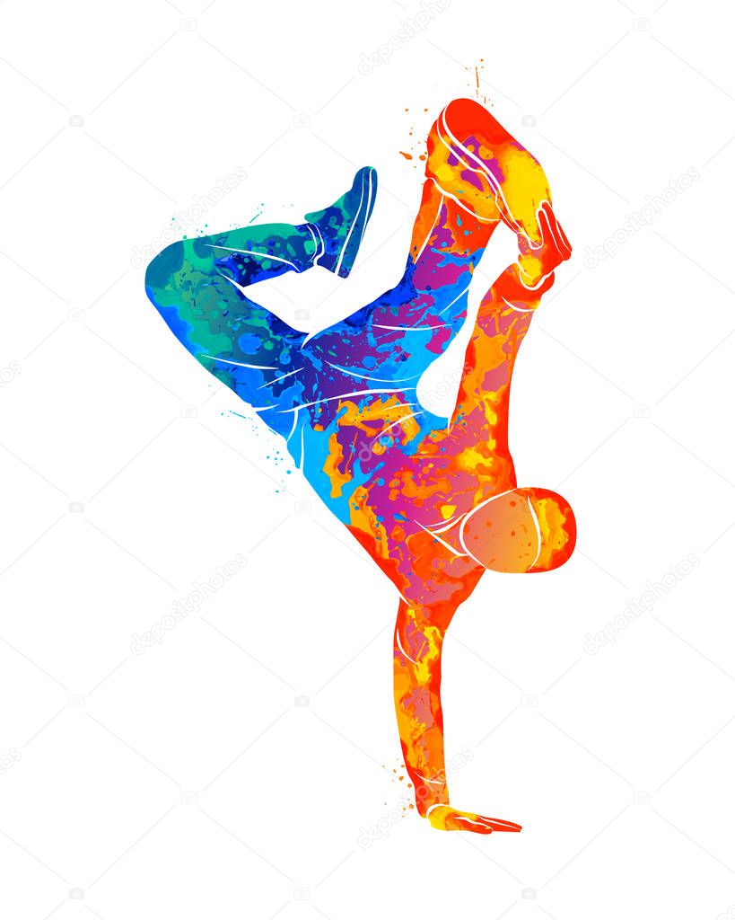 Abstract young man break dancing from splash of watercolors. Vector illustration of paints