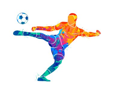 Soyut profesyonel futbol oyuncusu bir topu sıçrama suluboya ile çekim hızlı