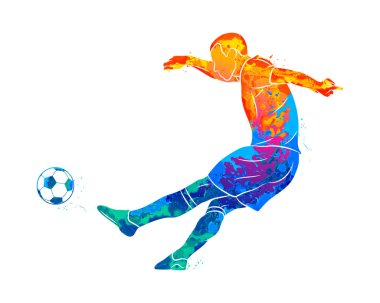 Soyut profesyonel futbol oyuncusu bir topu sıçrama suluboya ile çekim hızlı