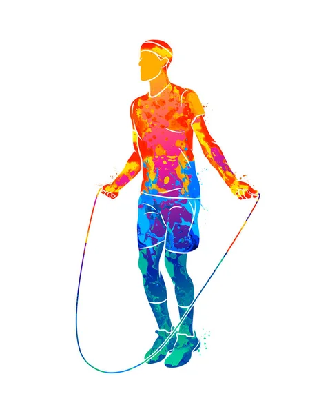 抽象の若い選手は水彩絵の具のしぶきからロープをジャンプ — ストックベクタ