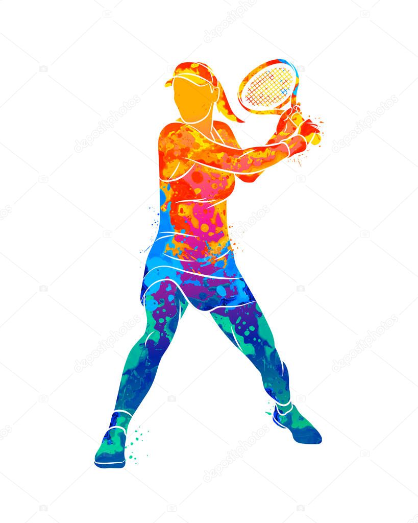 Abstract tennis player with a racket from splash of watercolors