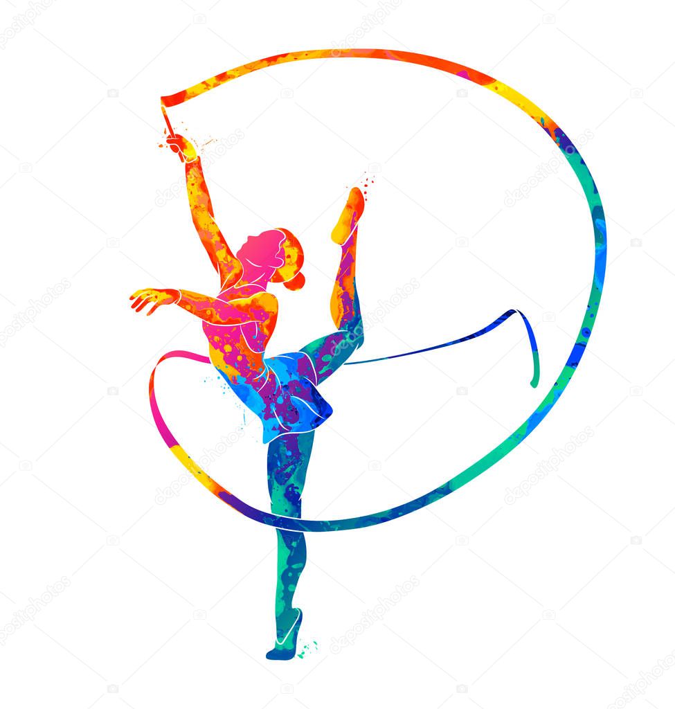 Abstract girl gymnast with ribbon from splash of watercolors. Vector illustration of paints