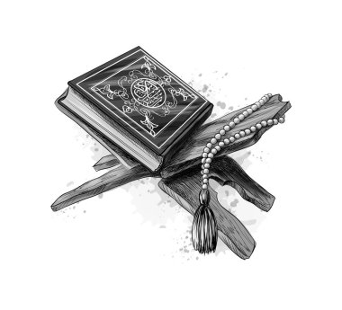 Tespihli Kur'an-ı Kerim kitabı. Müslüman bayramı, Mübarek Bayramı, Ramazan Bayramı, Ramazan Kareem. Elle çizilmiş çizim