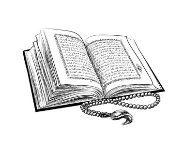Tespihli Kur'an-ı Kerim kitabı. Müslüman bayramı, Mübarek Bayramı, Ramazan Bayramı, Ramazan Kareem. Elle çizilmiş çizim