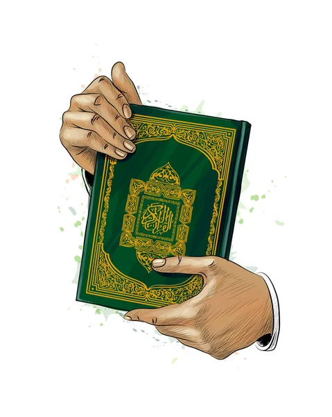 Mãos de homem segura livro sagrado do Alcorão de respingo de aquarelas. Férias muçulmanas, Eid Mubarak, Ramadan Kareem. Desenho desenhado à mão — Vetor de Stock