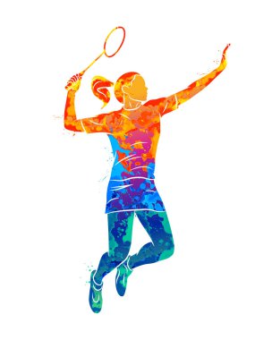 Soyut genç bayan badminton oyuncusu raketle zıplıyor