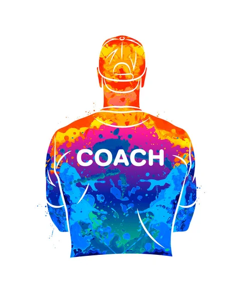 Abstracte sportcoach staat met zijn rug in een T-shirt en honkbalpet. Achtergrond voor sport of coaching thema — Stockvector