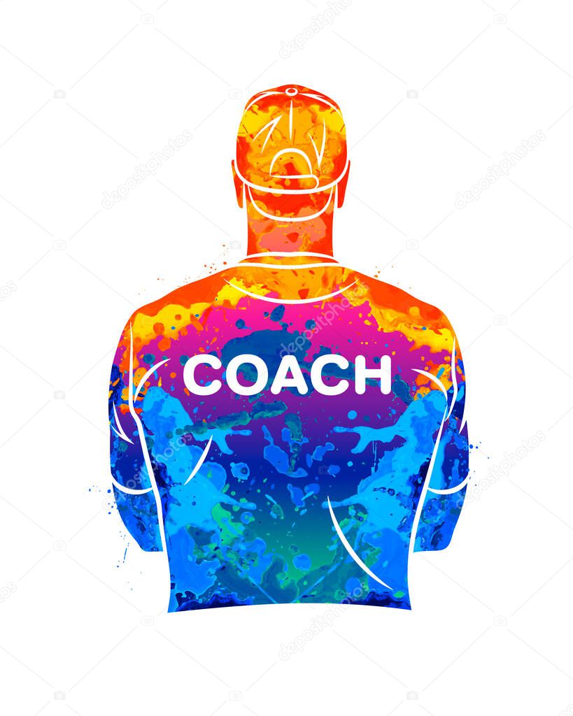 Abstract sports coach stands with his back in a T-shirt and baseball cap. Background for sports or coaching theme