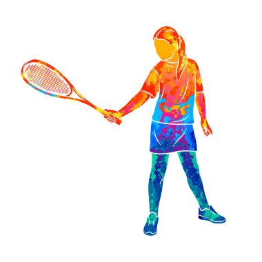 Soyut genç kadın, sağ elinde raketle squash oynayarak egzersiz yapıyor. Squash oyunu eğitimi