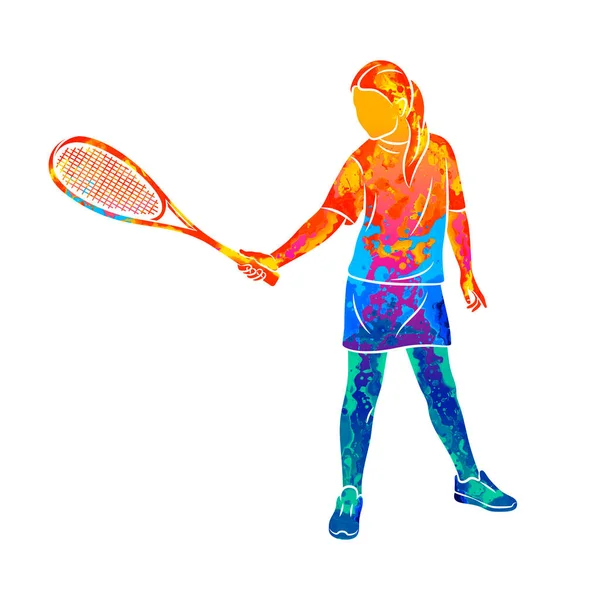 Abstract young woman does an exercise with a racket on her right hand in squash. Squash game training — Stock Vector