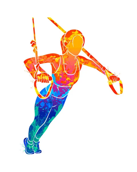 Wanita muda sportif abstrak melakukan push-up menggunakan tali kebugaran trx - Stok Vektor