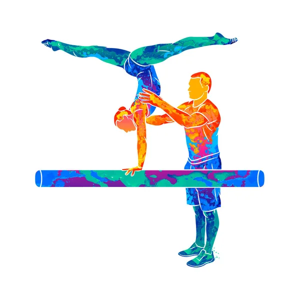 Treinamento de treinador abstrato jovem ginasta para equilibrar no feixe de ginástica —  Vetores de Stock