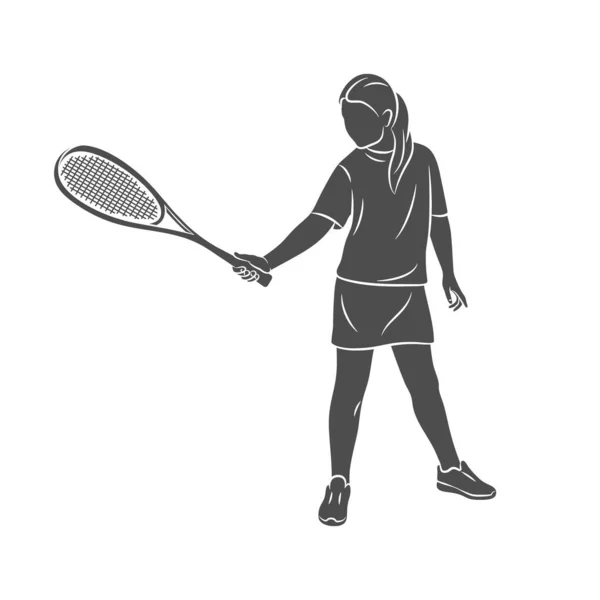 Mujer joven hace un ejercicio con una raqueta en su mano derecha en squash. Squash juego de entrenamiento — Vector de stock
