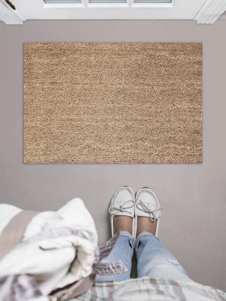 Download Blank Doormat Before The Door In The Hall Mat On Gray Floor Girl In White Shoes Welcome Home Product Mockup Stock Images Page Everypixel