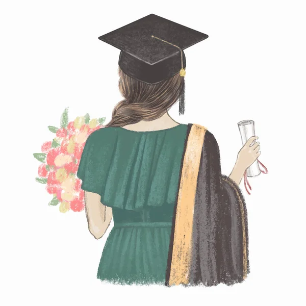 Graduated girl with certificate back view. Hand drawn illustration