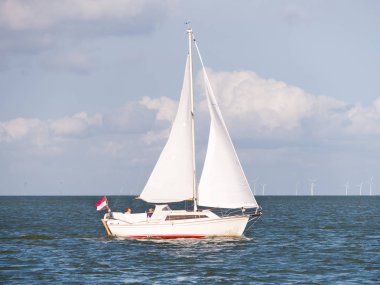 IJsselmeer, Hollanda - 18 Ağustos 2017: İnsanlar Gölü IJsselmeer ve rüzgar türbinleri rüzgar çiftliği Urk, Hollanda üzerinde yelken yelkenli üzerinde