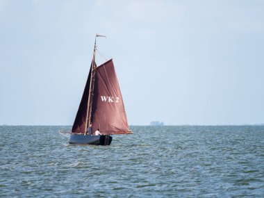 IJsselmeer, Hollanda - 18 Ağustos 2017: İnsanlar kahverengi Yelkenli Enkhuizen yakınındaki IJsselmeer Gölü üzerinde yelken otantik Yelkenli üzerinde