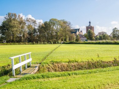 Polder landscape with pasture, and Great Saint Gertrudis Church of Workum, Friesland, Netherlands clipart