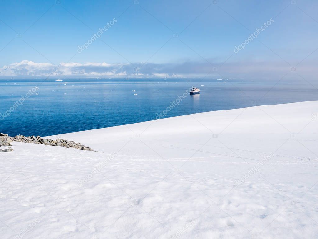 Panoramic view from Spigot Peak to Gerlache Strait with small cruise ship, Graham Land, Antarctic Peninsula, Antarctica