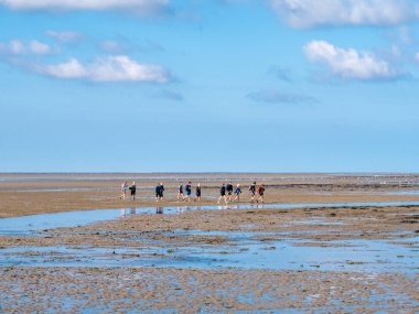 Ameland, Hollanda - 27 Ağustos 2017: Grup insanlar çamur düz Wadden Denizi üzerinde Frizce Adası Ameland, Hollanda için Friesland düşük tide hiking