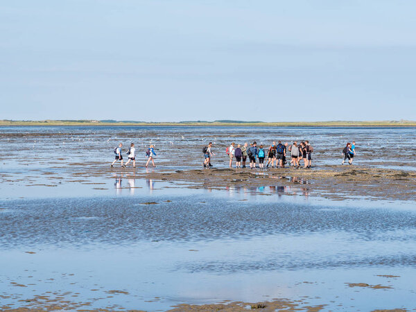 AMELAND, NETHERLANDS - AUG 27, 2017: Group of people mud flat hiking on Wadden Sea at low tide from Friesland to West Frisian island Ameland, Netherlands
