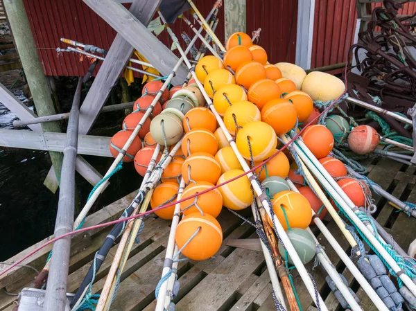 Colourful Plastic Fishing Buoys Stacked Fishing Hut Moskenes Moskenesoya Lofoten — Stock Photo, Image