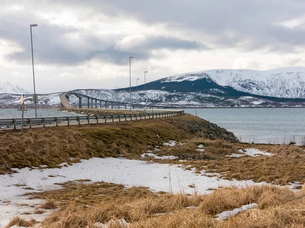 Hadsel bridge over Hadselfjorden from Langoya island, Vesteralen, Nordland, Norway