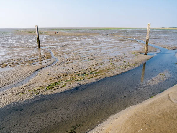 Gente Caminando Sobre Pisos Barro Marea Marcada Con Postes Madera — Foto de Stock