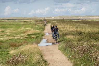 Amrum, Germany - Aug 26, 2023: People cycling on bicycle path through salt marshes of Amrum island, North Frisia, Schleswig-Holstein clipart
