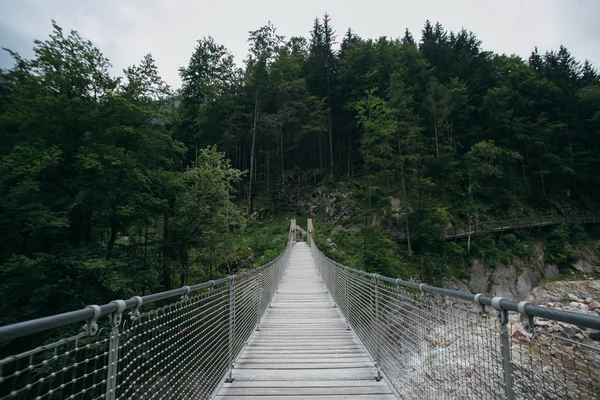 Puente colgante de madera en bosque de montaña malhumorado —  Fotos de Stock