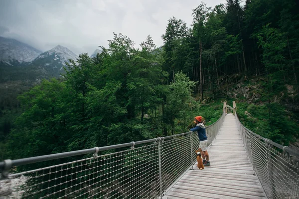 Hipster excursionista hombre y perro en puente colgante —  Fotos de Stock