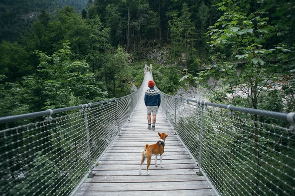 Hipster uzun yürüyüşe çıkan kimse adam ve köpeği asma köprü Stok Resim