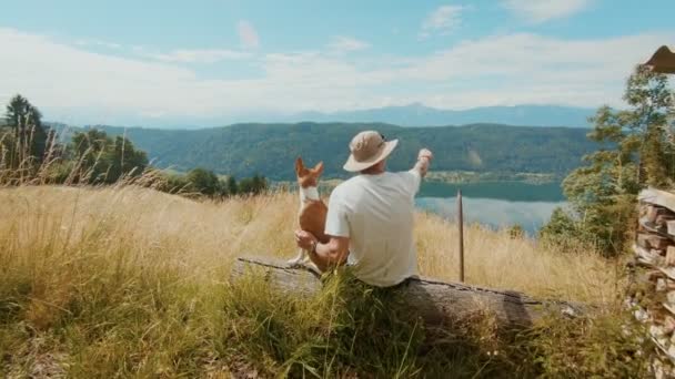 日当たりの良い夏の日犬と一緒にフィールドに座っている旅行者 — ストック動画