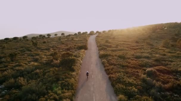 Aerial drone video of road cyclist at sunset — Stock Video