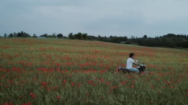 Motorradfahrerin fährt in Blumenfeld — Stockvideo