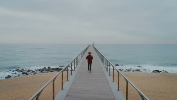 空中无人机拍摄的千年嬉皮士男子走在空旷的木板路或码头 海浪在海滩海线上坠毁 逃避现实的概念 逃避常规和现实 社交媒体博主生活方式 — 图库视频影像