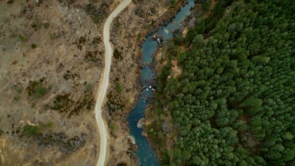 Vue aérienne du chemin de gravier dans la forêt de montagne — Video