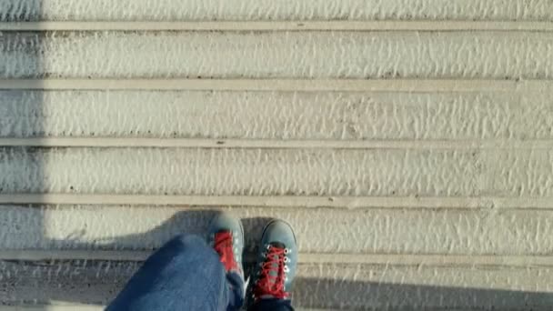 Shoes or boots walk over sandy beach boardwalk — Stock Video