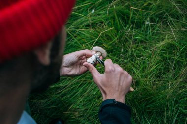 Man cleans mushrooms with pocket knife in forest clipart