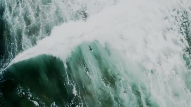 Drone shot of surfer swim through cold strong wave — Video