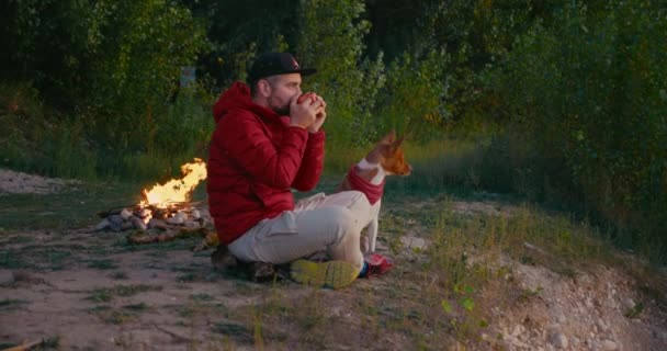 Человек и собака отдыхают рядом с костром в походе — стоковое видео